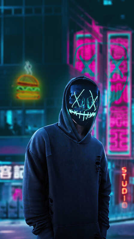 HD 4K black mask hoodie boy in city Wallpapers for Mobile