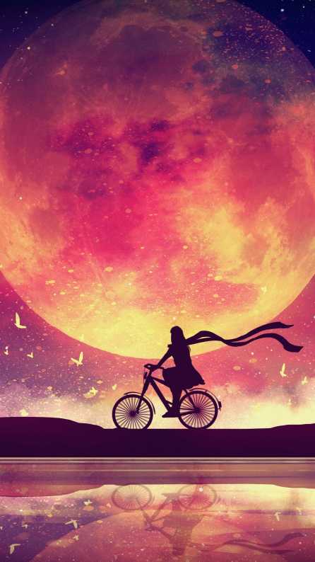 HD 4K moon girl dream lake bicycle mobile wallpaper Wallpapers for Mobile